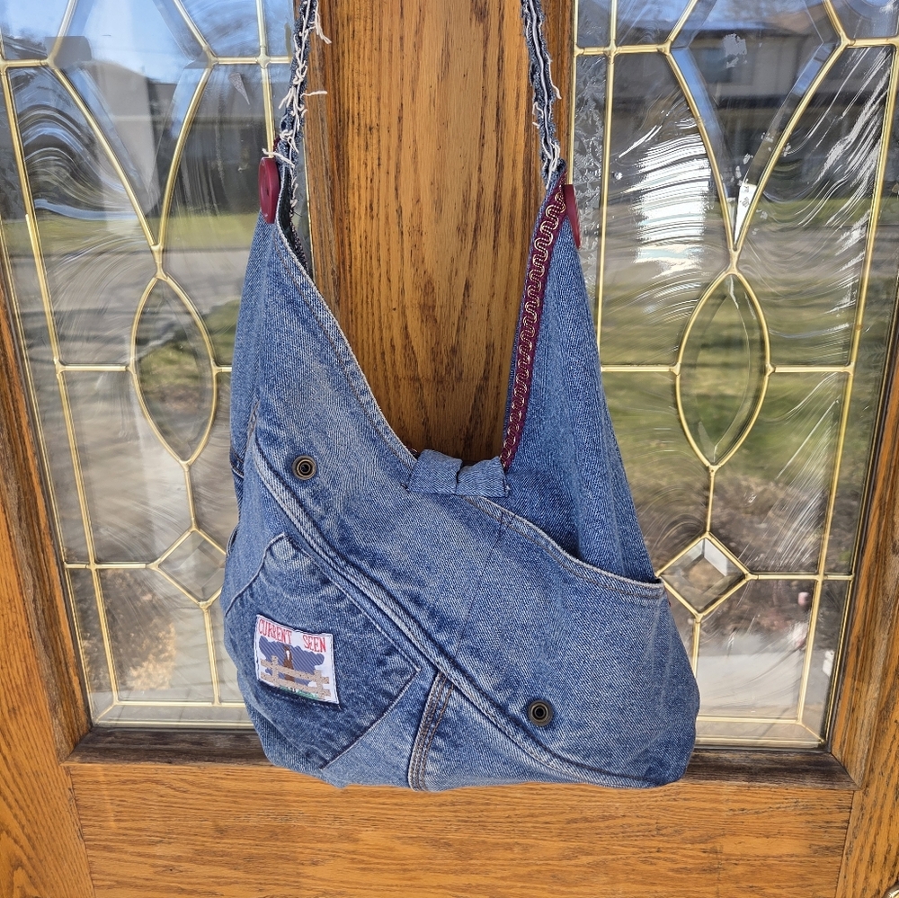 Denim Hobo Bag with Embroidered Trim - Blue - Picture 14 of 14